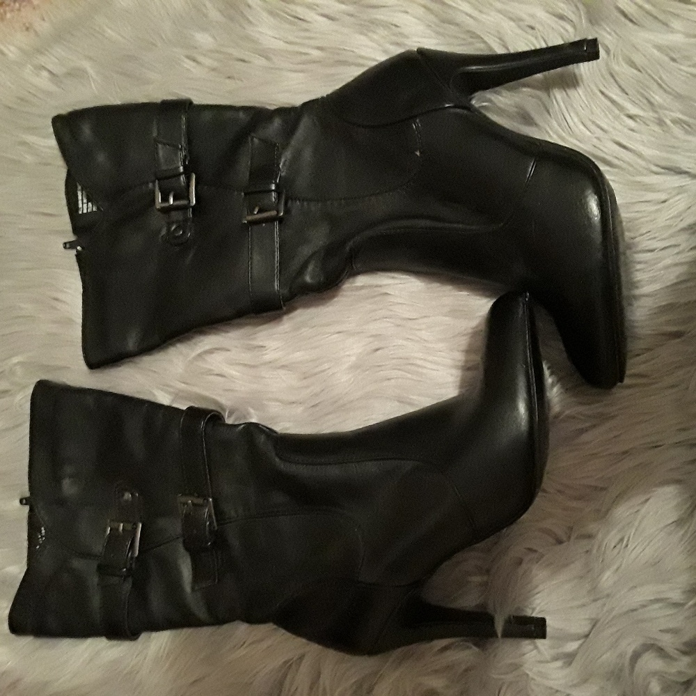 Faux Leather Double Buckle Side Zip Booties
